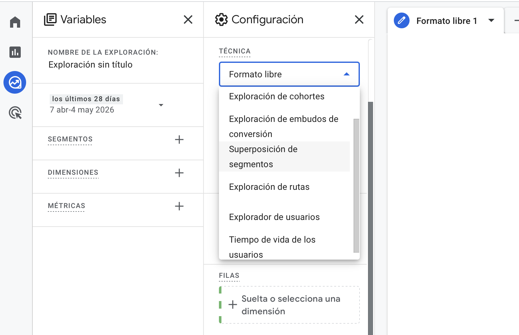 Tipos de exploraciones disponibles